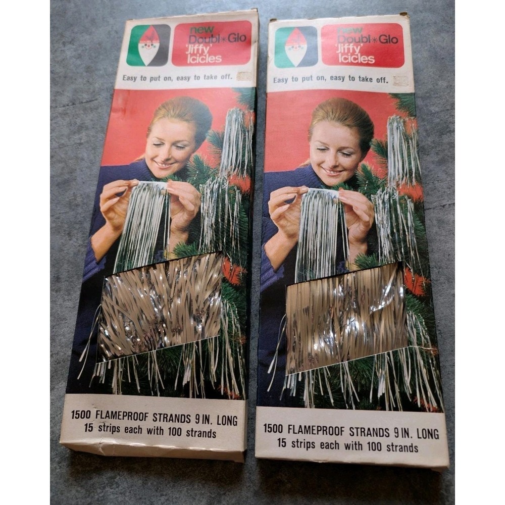 Vintage Doubl*Glo Jiffy Icicles Tinsel Silver Lot 2 Packs 9" Christmas Tree NOS